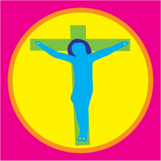 Jaetut eväät -logo. Logossa pinkillä pohjalla keltainen öylätti, jossa ristiinnaulitun kuva.